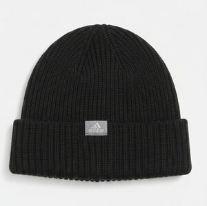 Adidas women's foldable knitted beanie hat, black, with logo.